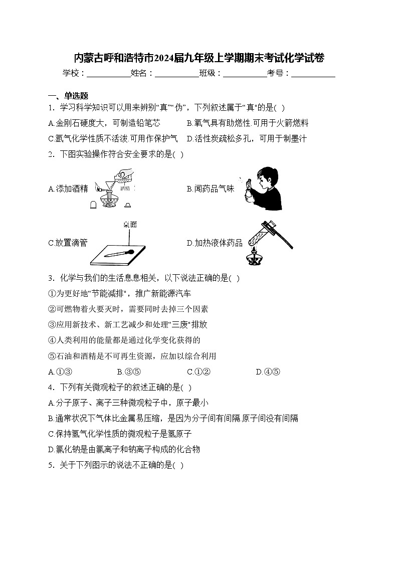 内蒙古呼和浩特市2024届九年级上学期期末考试化学试卷(含答案)01