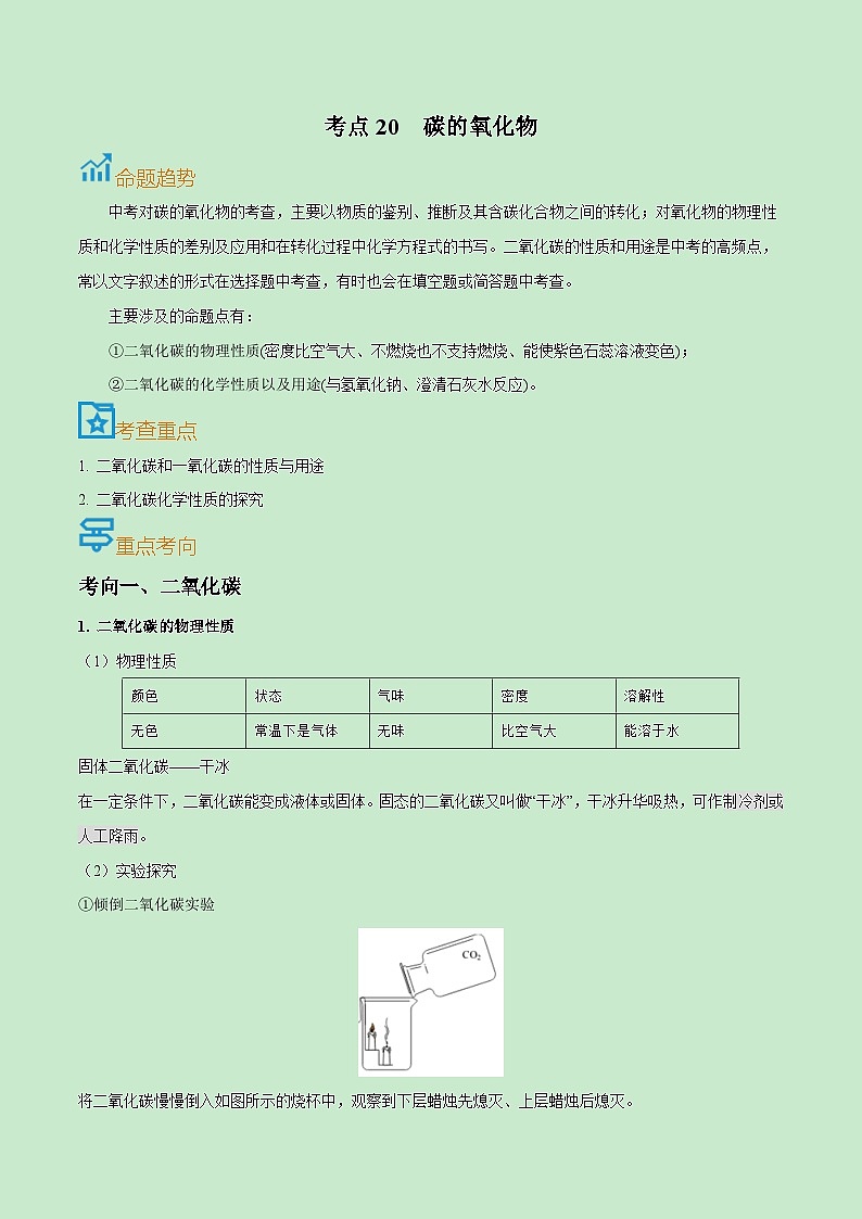 中考化学一轮复习考点课时练习考点20  碳的氧化物（含解析）第1页