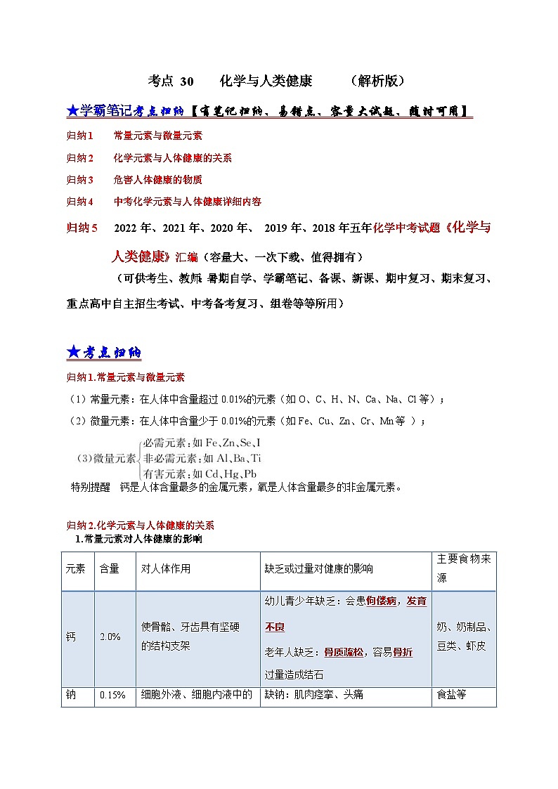 （18-22）五年中考化学真题分项汇编考点 30化学与人类健康 （含解析）01