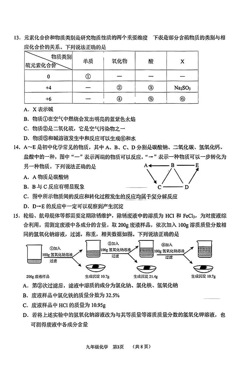 天津市南开区2023-2024学年九年级下学期质量检测(一)化学试卷03