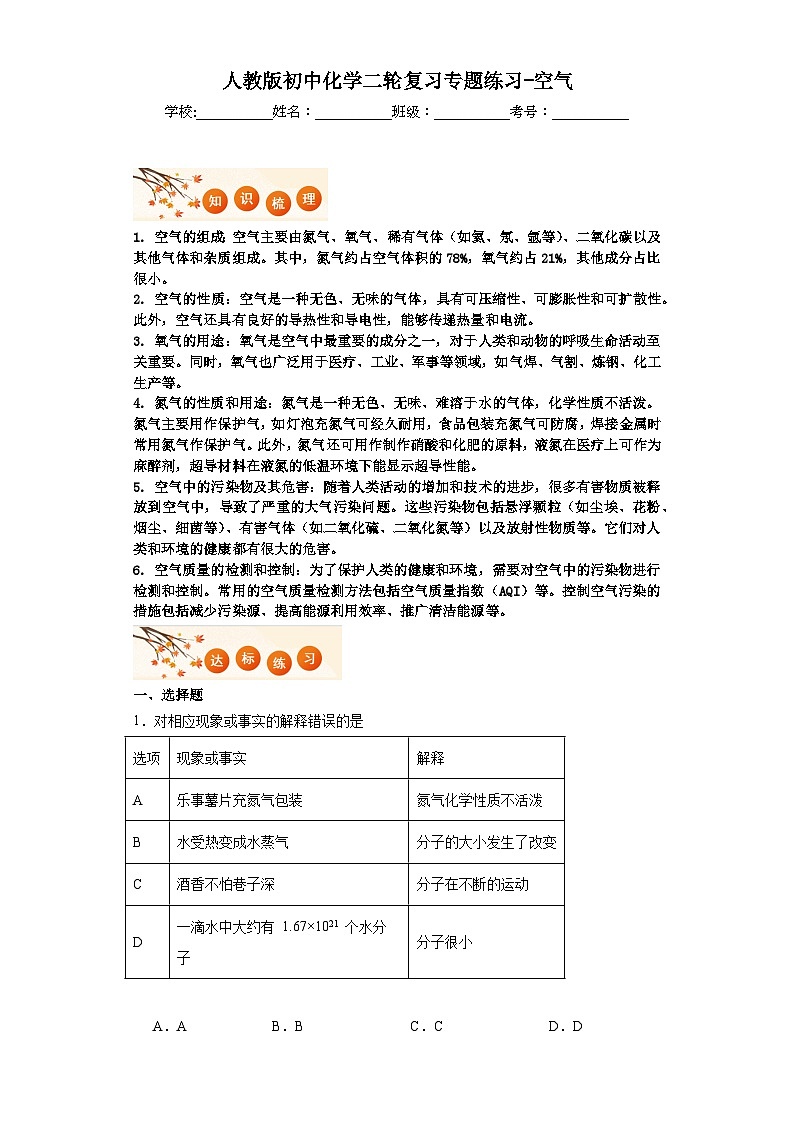 人教版初中化学二轮复习专题练习-空气第1页