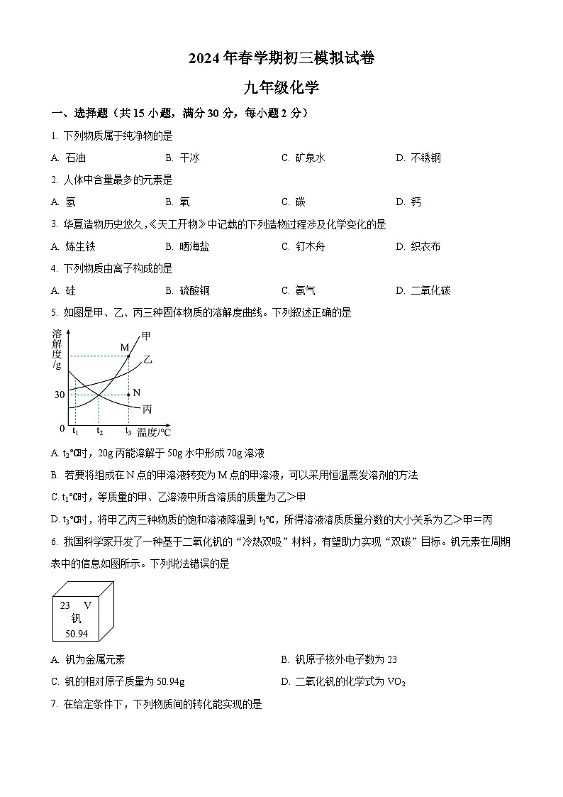 2024年江苏省无锡地区中考模拟化学试卷  （原卷版+解析版）01