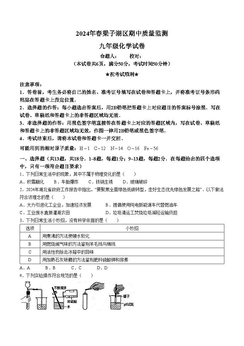 湖北省鄂州市梁子湖区2023-2024学年九年级下学期期中质量监测化学试题第1页