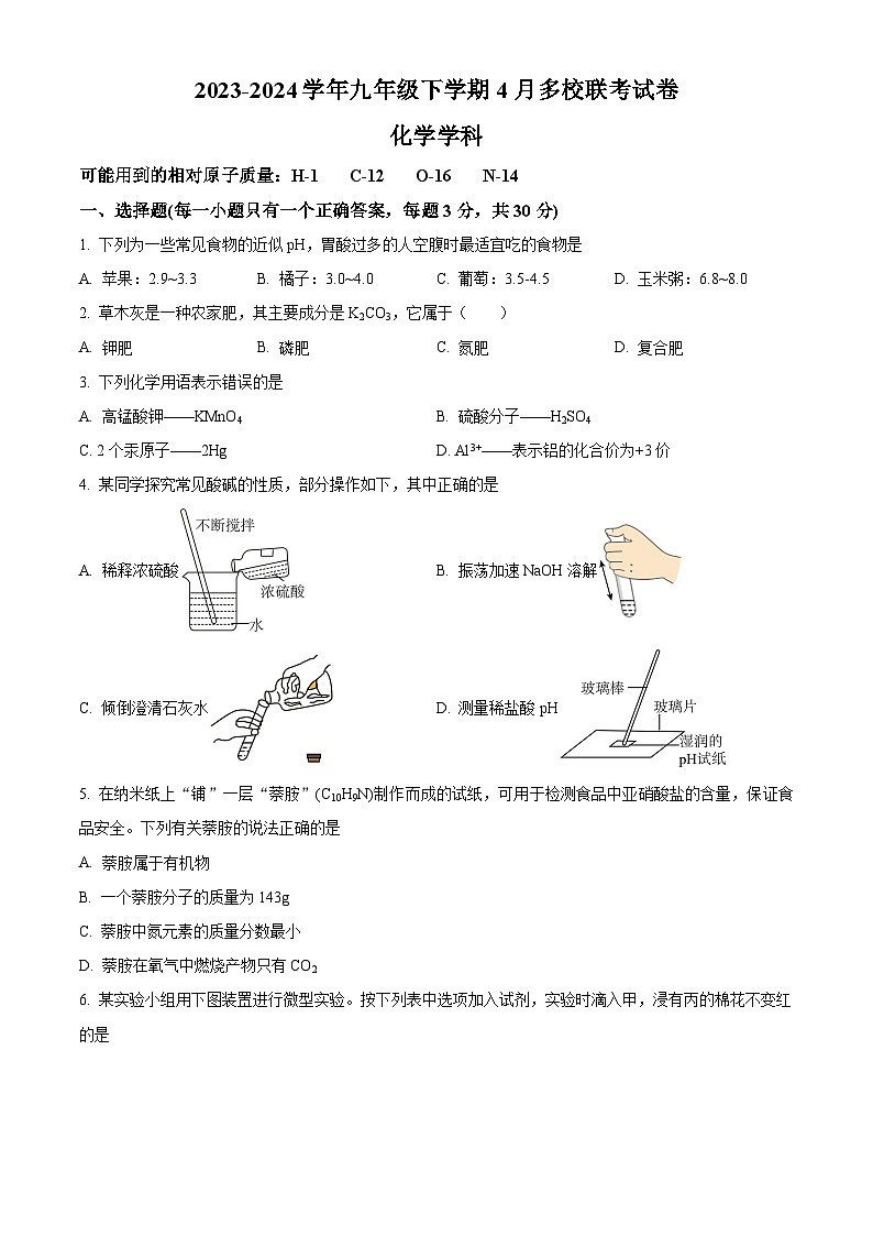 福建省福州屏东中学等2023-2024学年下学期九年级4月多校联考化学试卷（原卷版）第1页