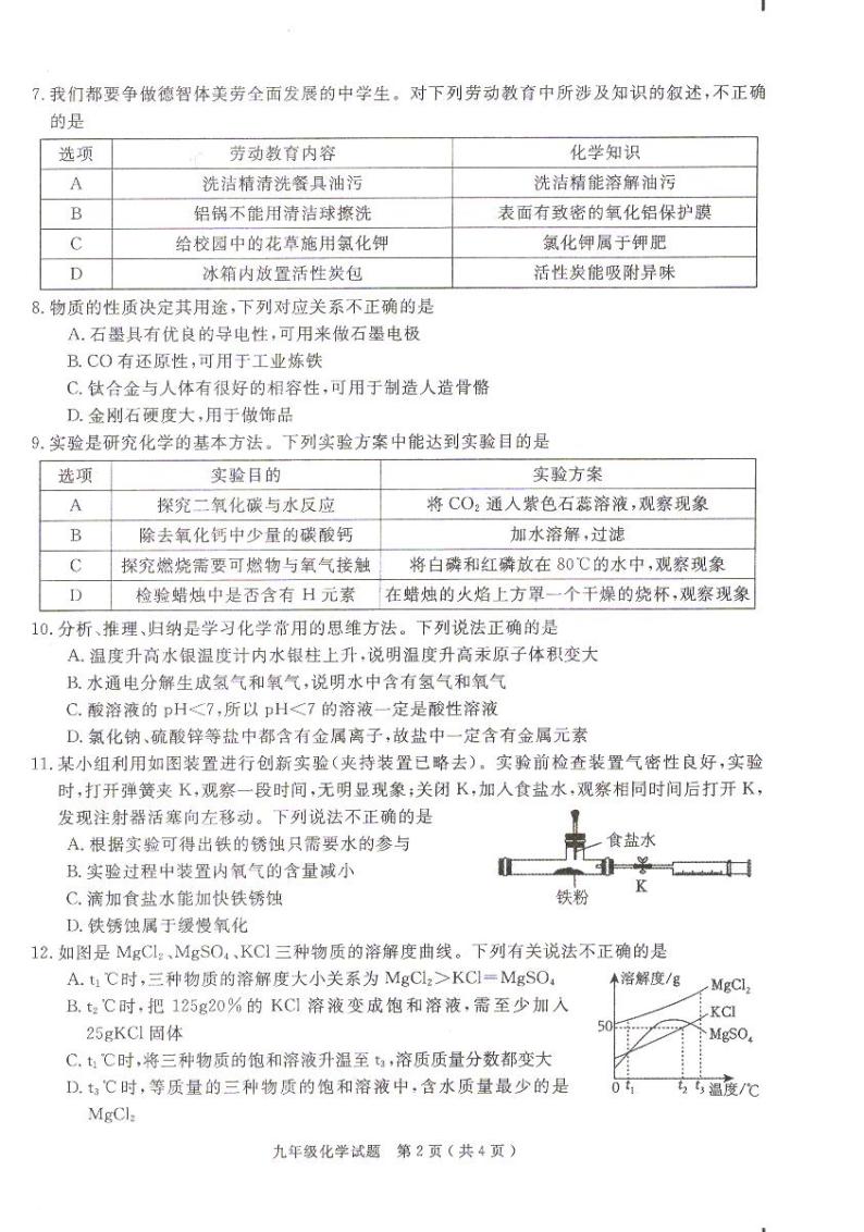 2024年安徽省合肥市庐江县中考一模化学试题02