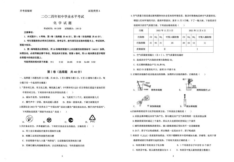 2024年山东省东营市城区中考一模化学试题01