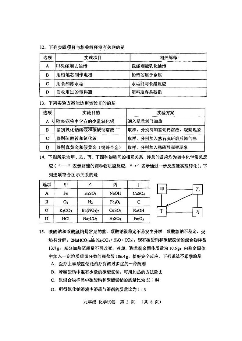 2024年天津市河北区九年级下学期一模化学试卷和答案03
