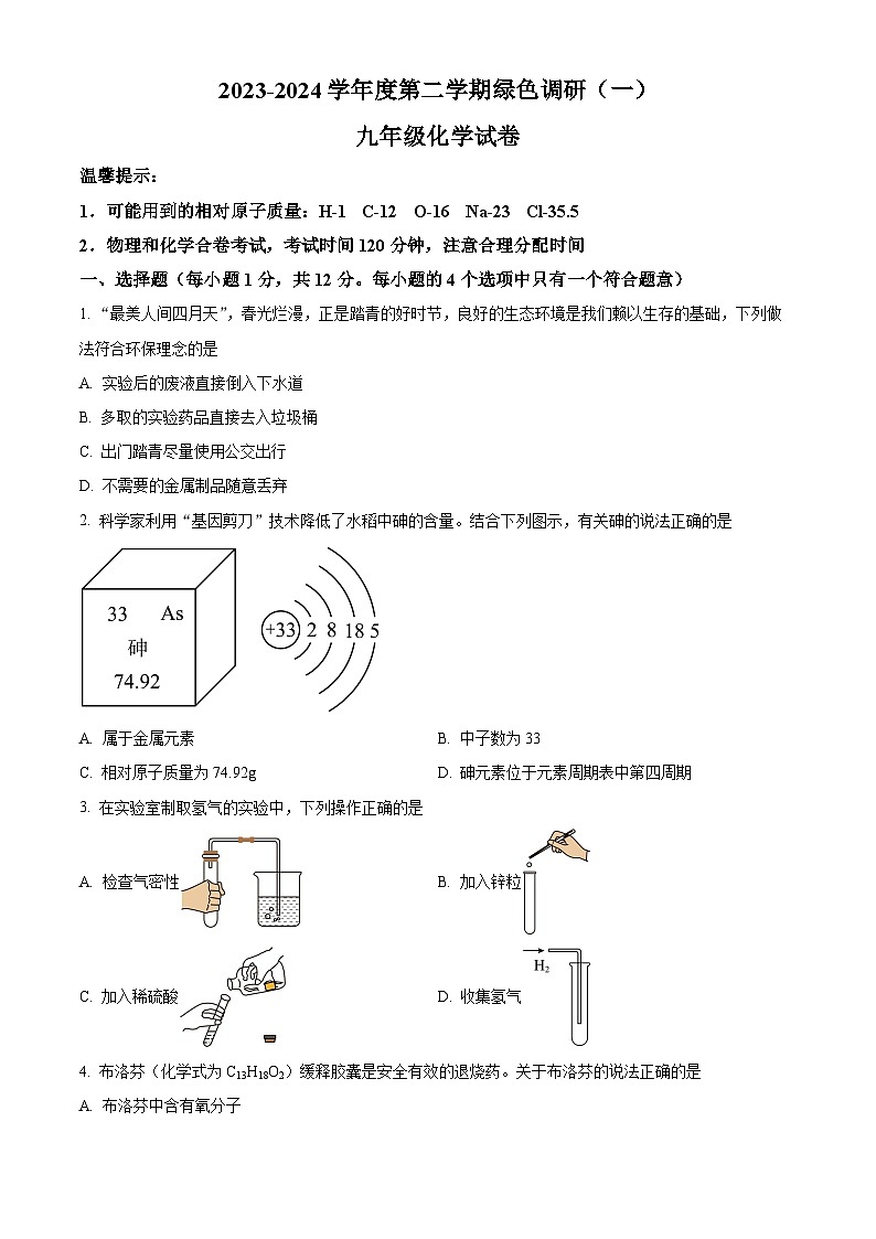 2024年安徽省合肥市庐阳中学九年级一模化学试卷（原卷版+解析版）01