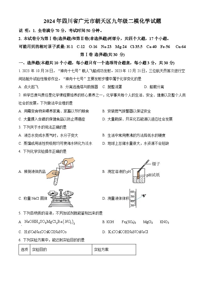 2024年四川省广元市朝天区九年级二模化学试题（原卷版）第1页