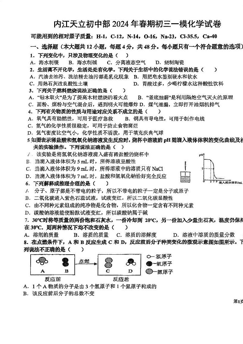 2024年四川省内江市天立学校初中部中考一模化学试卷01