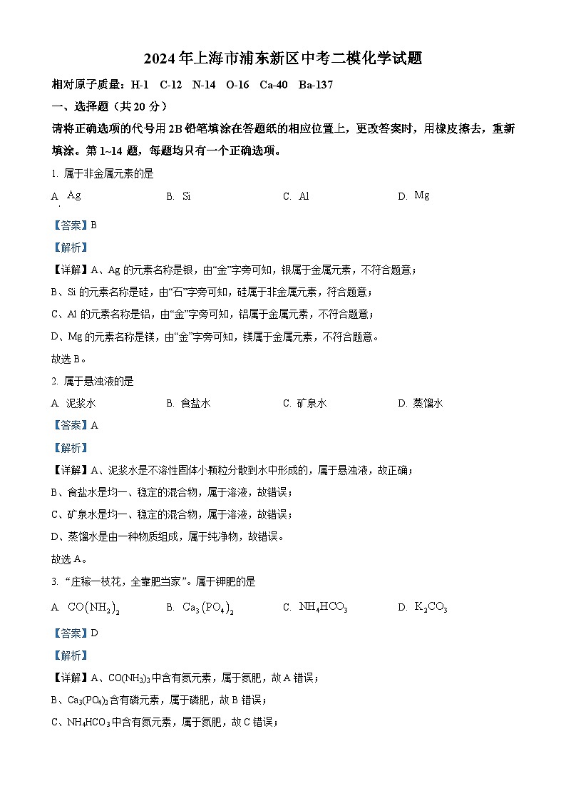 2024年上海市浦东新区中考二模化学试题（原卷版+解析版）01