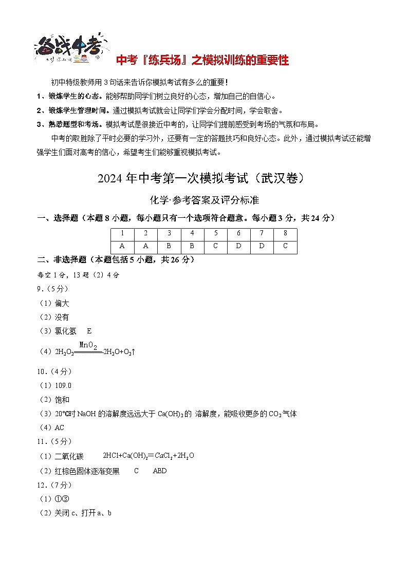 中考化学（武汉卷）-2024年中考第一次模拟考试01