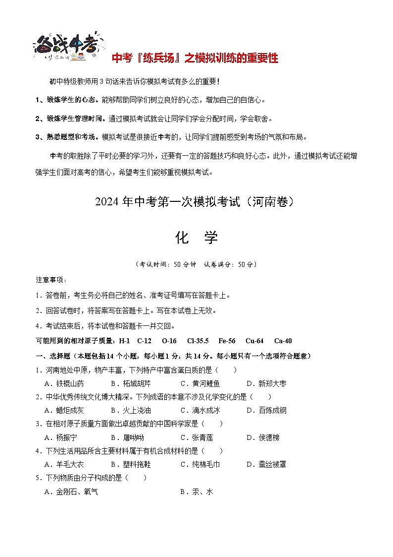 中考化学（河南卷）-2024年中考第一次模拟考试01