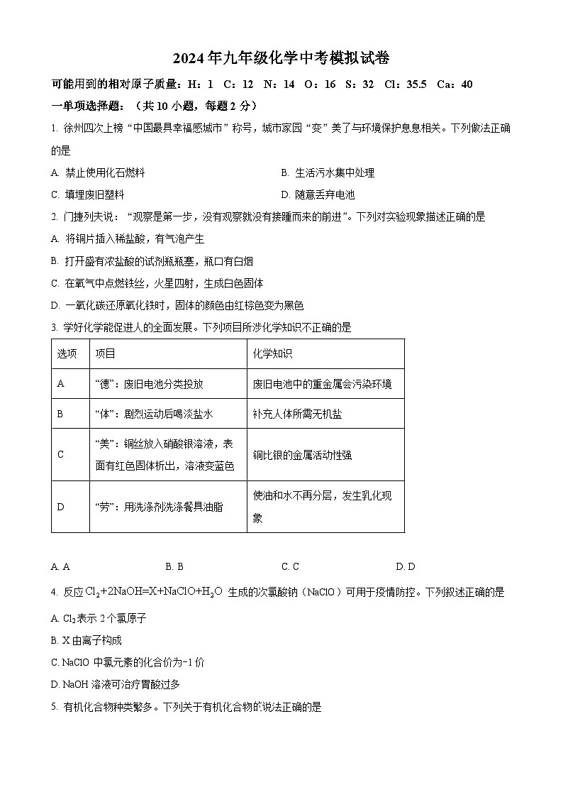 2024年江苏省徐州市沛县第五中学九年级化学中考模拟试题 （原卷版+解析版）01