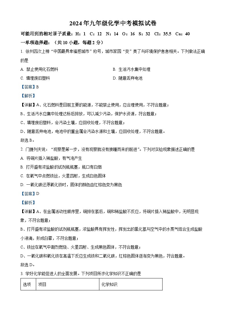 2024年江苏省徐州市沛县第五中学九年级化学中考模拟试题 （原卷版+解析版）01