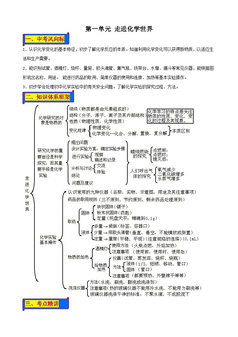 （人教版）中考化学一轮复习单元巩固讲义 第一单元 走进化学世界（含解析）01