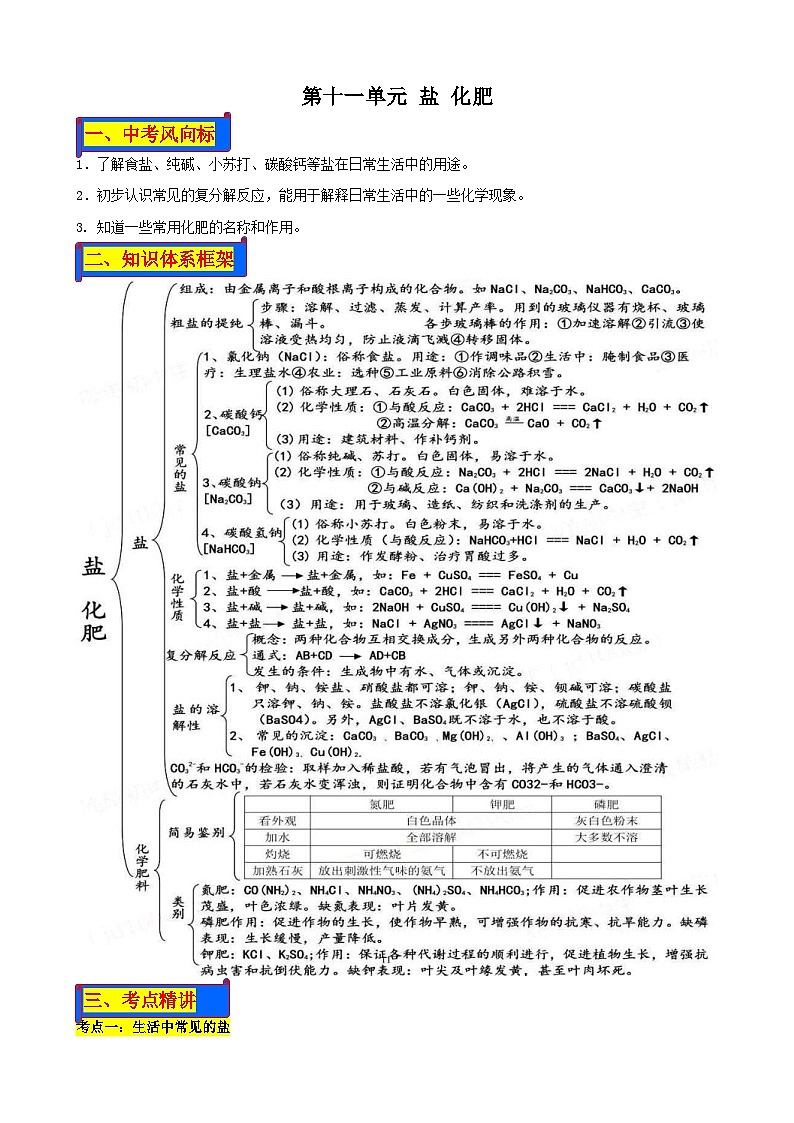 （人教版）中考化学一轮复习单元巩固讲义 第十一单元 盐 化肥（含解析）01