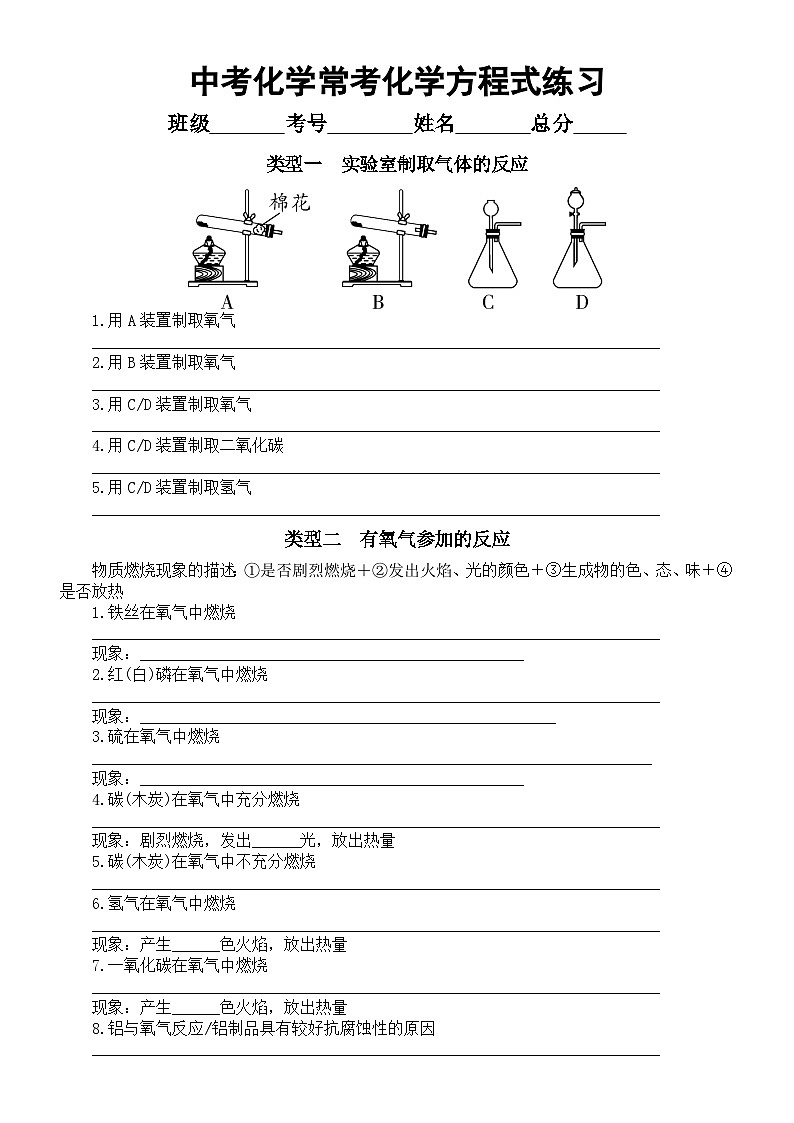 初中化学2024届中考常考化学方程式专项练习（共12种类型，附参考答案）第1页
