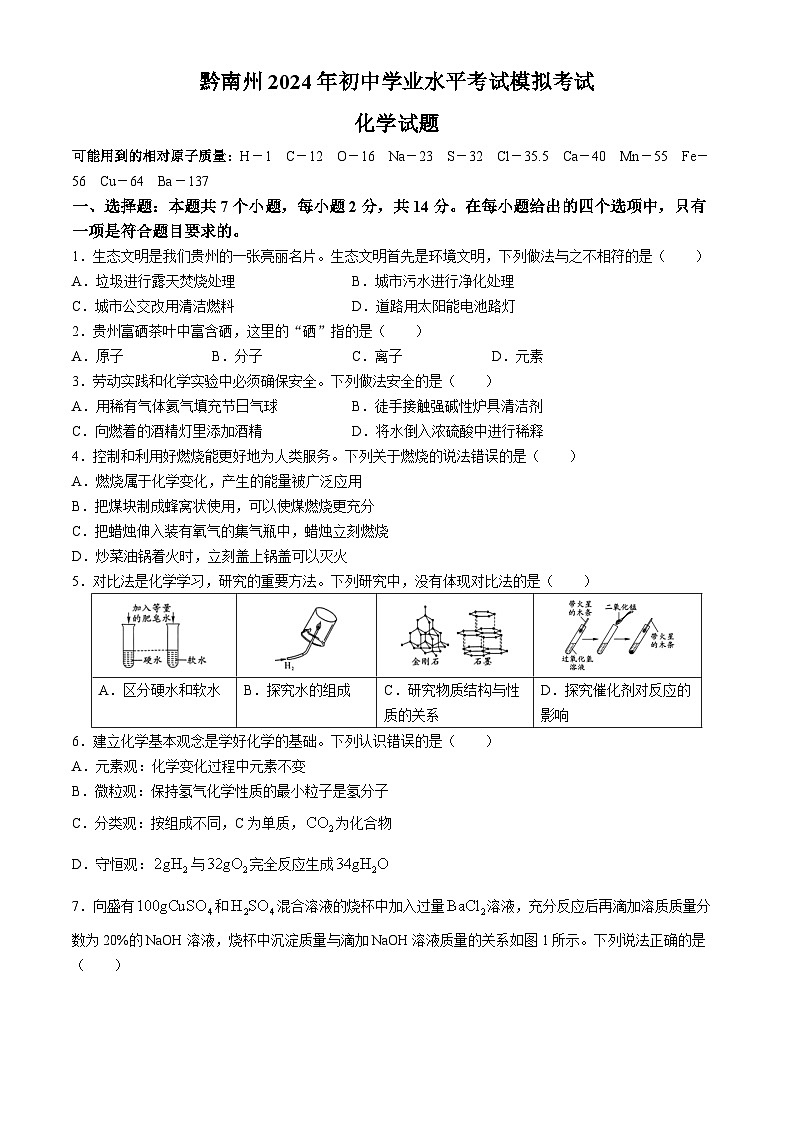 2024年贵州省黔南州中考一模统考化学试题(无答案)01