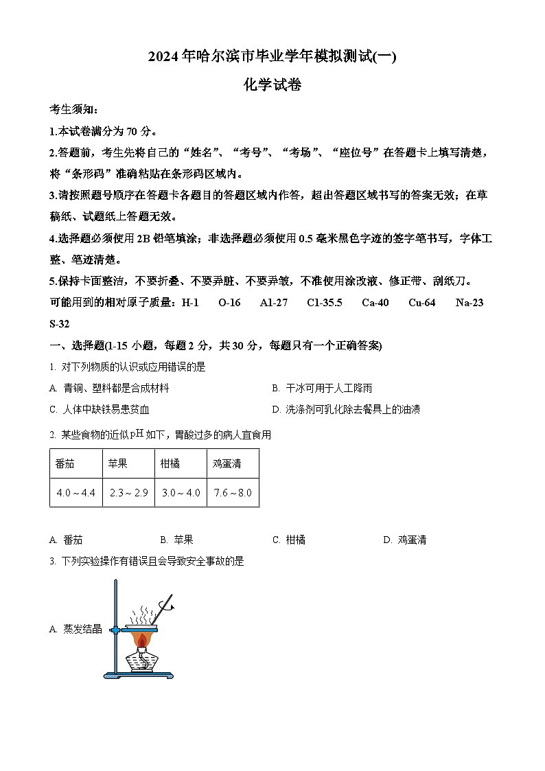 2024年黑龙江省哈尔滨市九年级下学期模拟检测化学试题（一）（原卷版）第1页