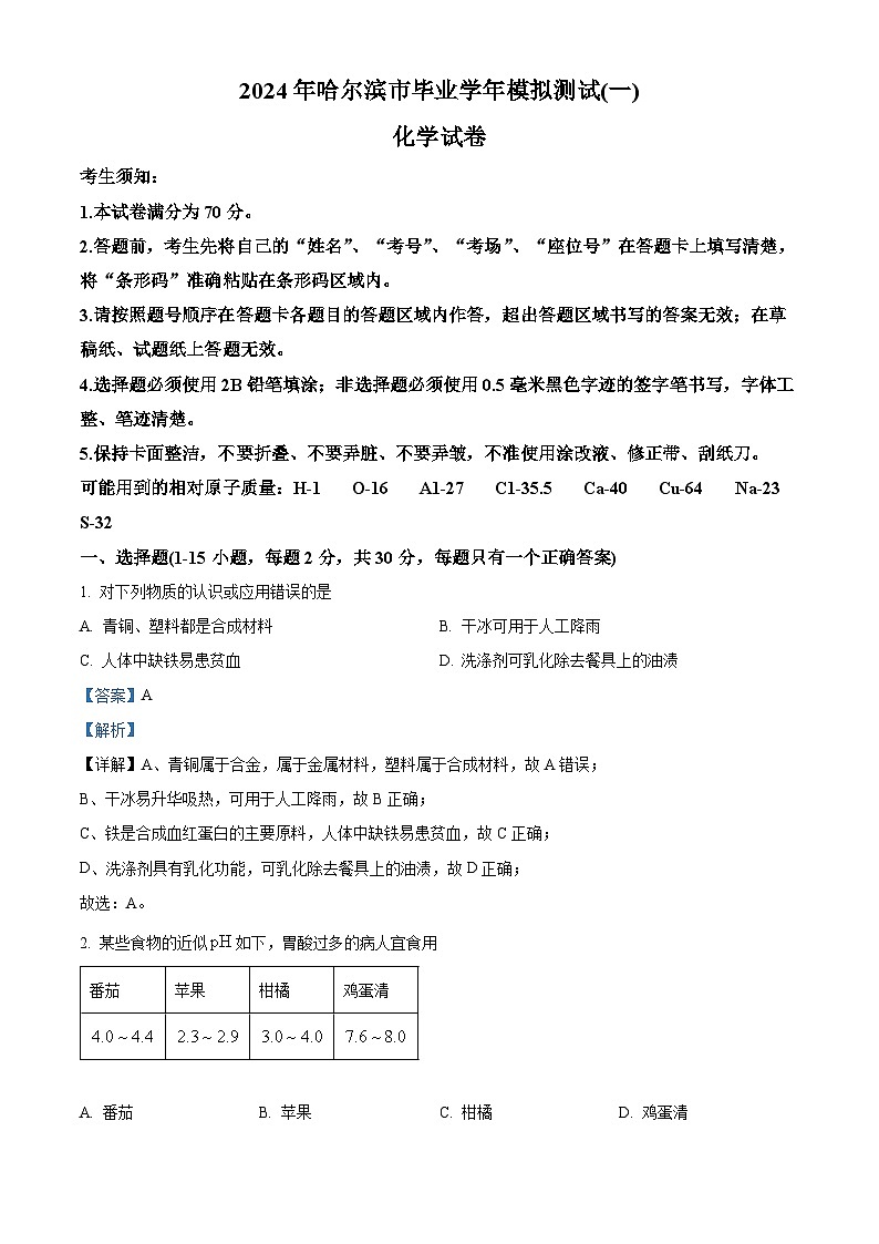2024年黑龙江省哈尔滨市九年级下学期模拟检测化学试题（一）（解析版）第1页