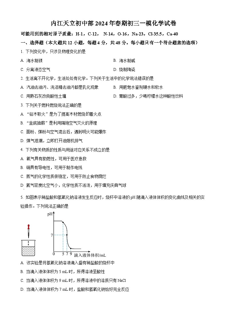2024年四川省内江市天立学校初中部中考一模化学试卷（原卷版）第1页