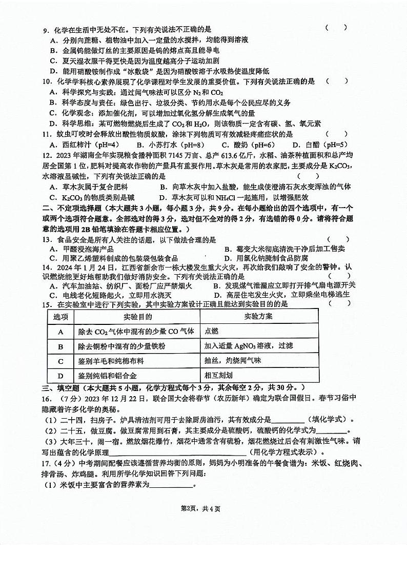 湖南省长沙市雅礼教育集团2023-2024学年九年级下学期期中考试化学试题第2页