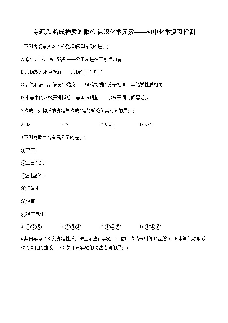 专题八 构成物质的微粒 认识化学元素——初中化学复习检测第1页