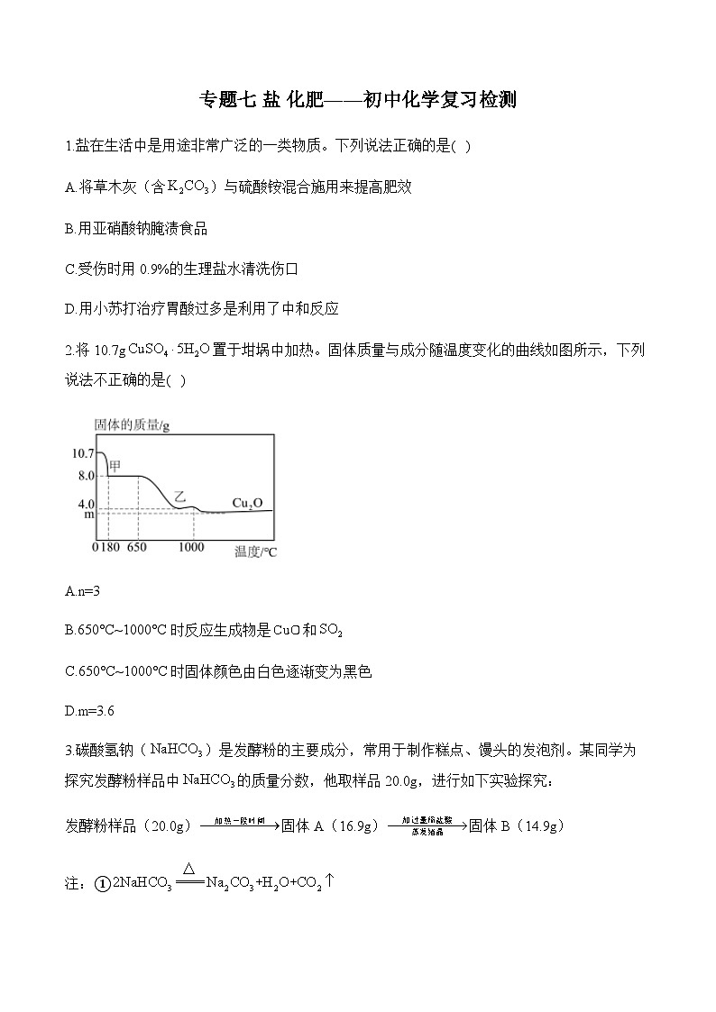 专题七 盐 化肥——初中化学复习检测第1页