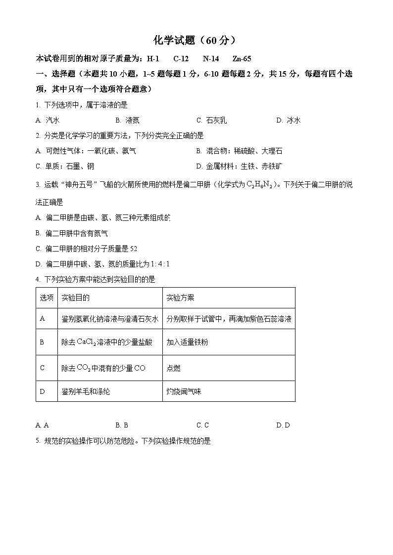2024年甘肃省陇南市武都区两水镇中考一模化学试题（原卷版）第1页