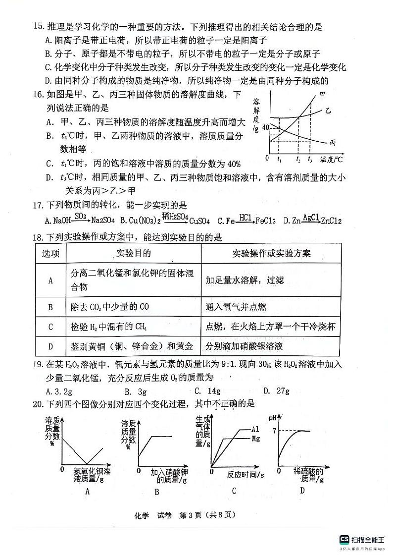 2024年广西玉林市北流市中考一模化学试题03