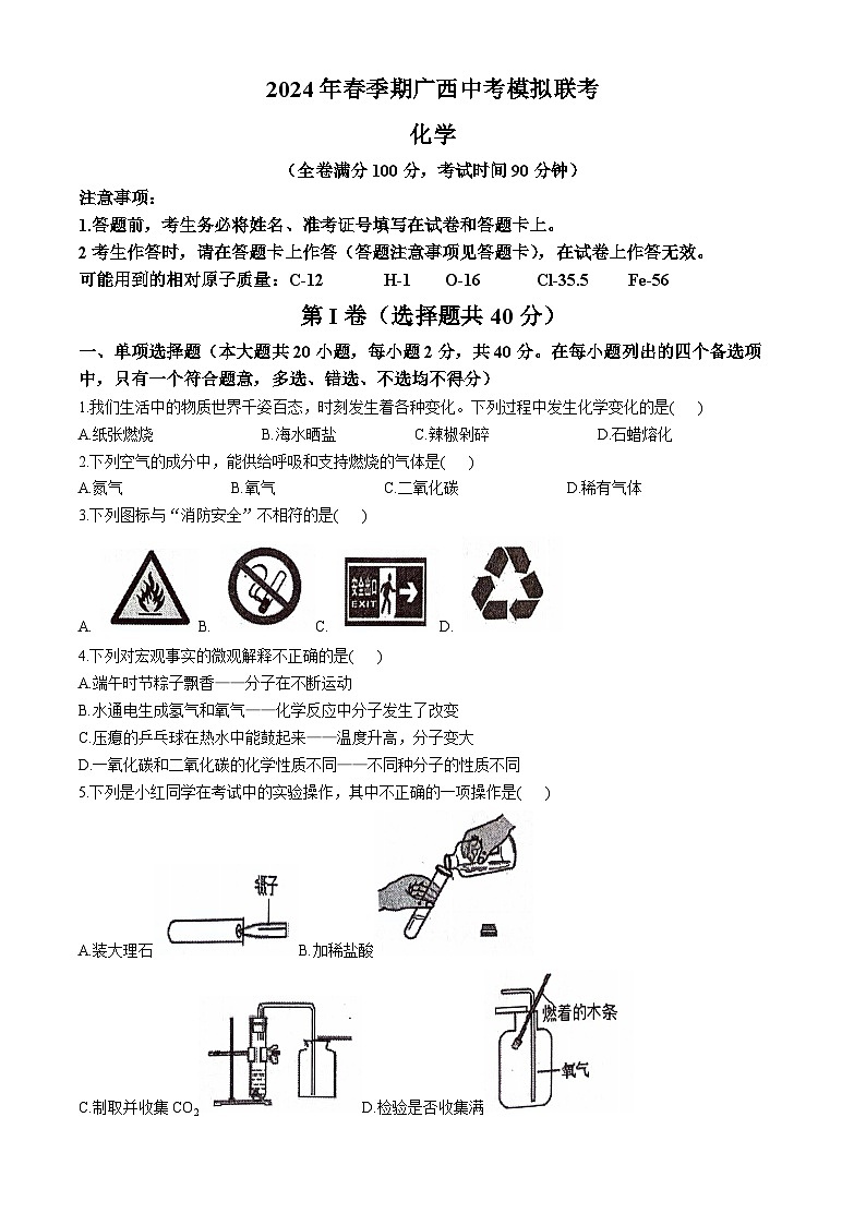 2024年广西北流市中考模拟化学试题01
