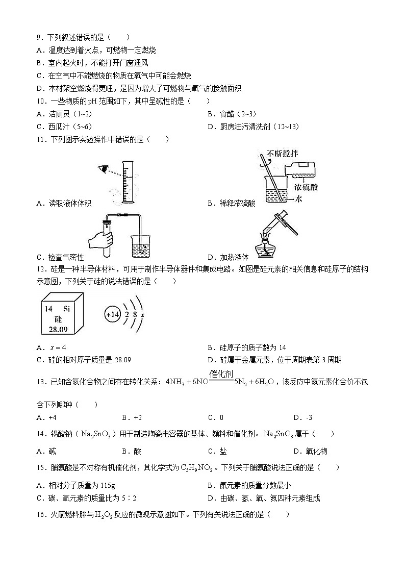 2024年云南省红河州初中学业水平考试模拟化学试卷（一）02