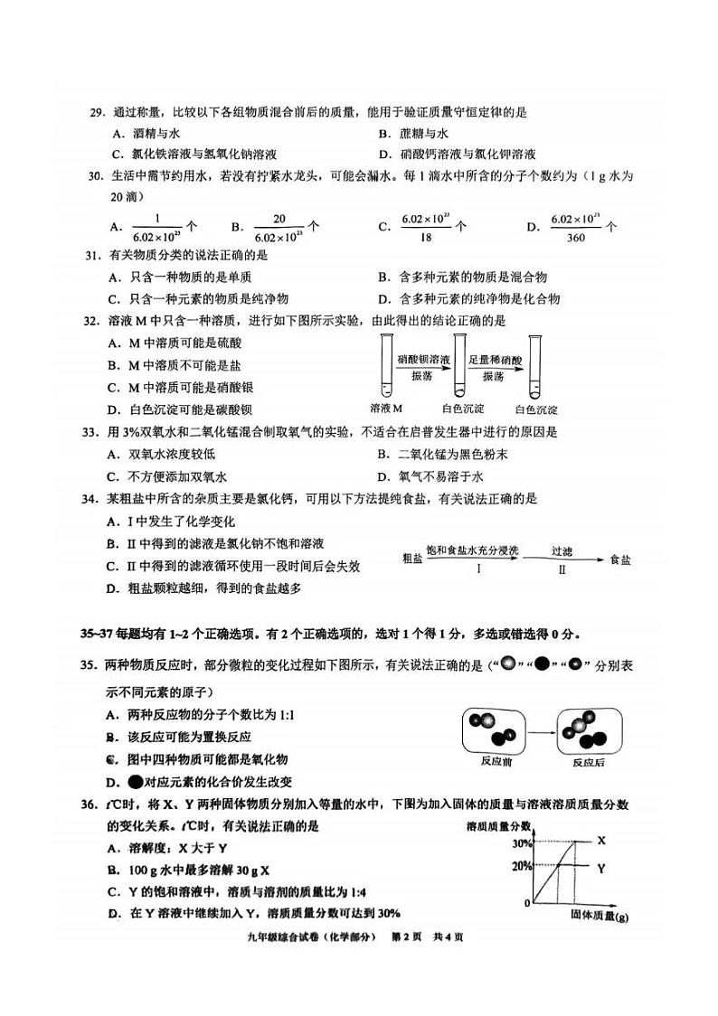 2024上海市黄浦区初三二模化学试卷附答案02