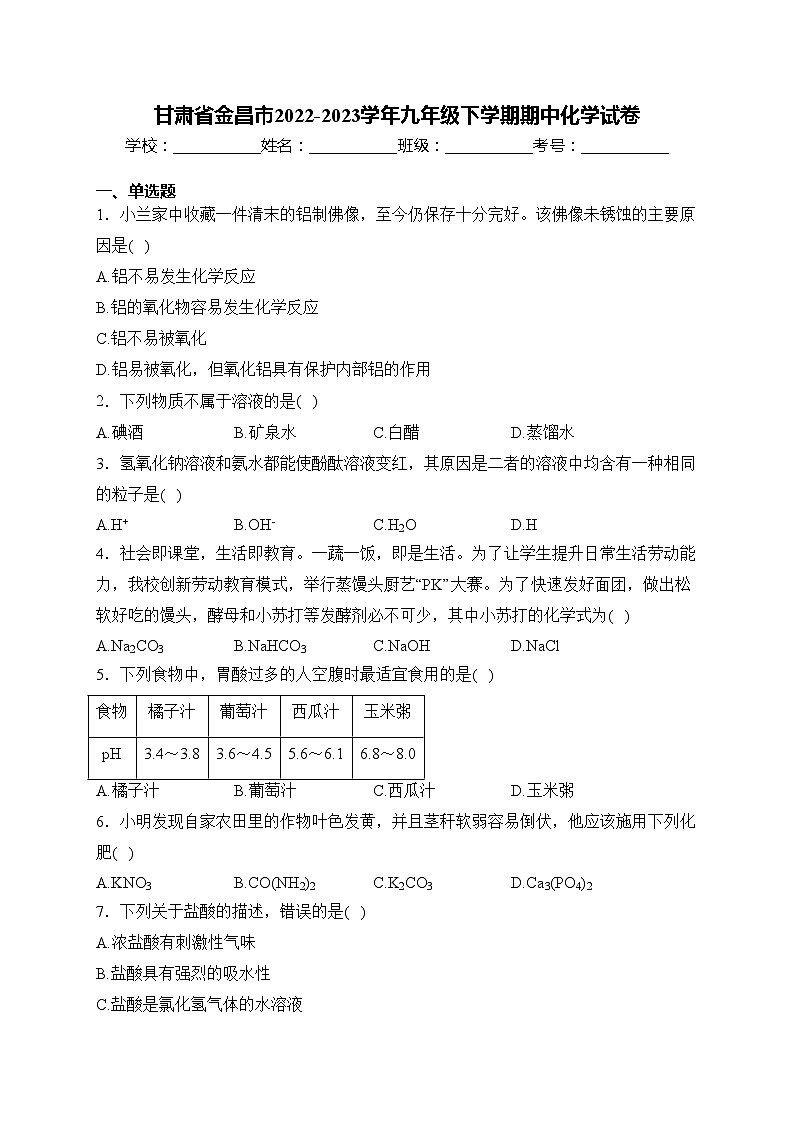 甘肃省金昌市2022-2023学年九年级下学期期中化学试卷(含答案)第1页
