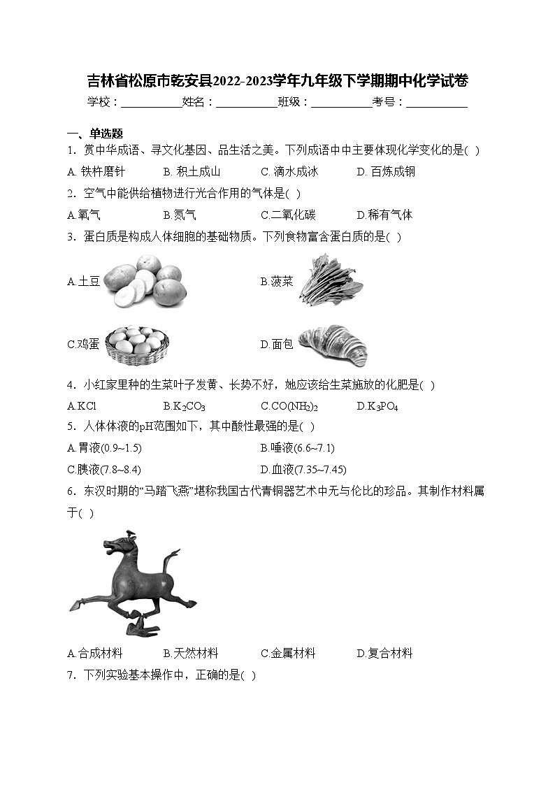 吉林省松原市乾安县2022-2023学年九年级下学期期中化学试卷(含答案)01