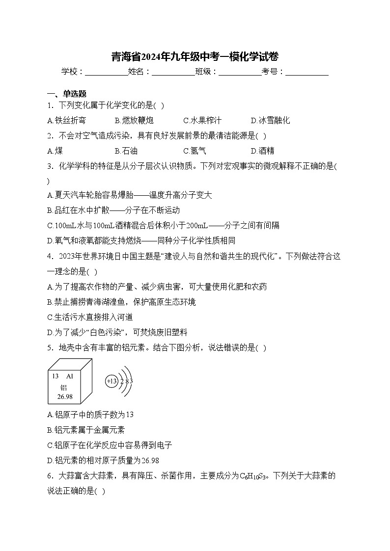 青海省2024年九年级中考一模化学试卷(含答案)第1页