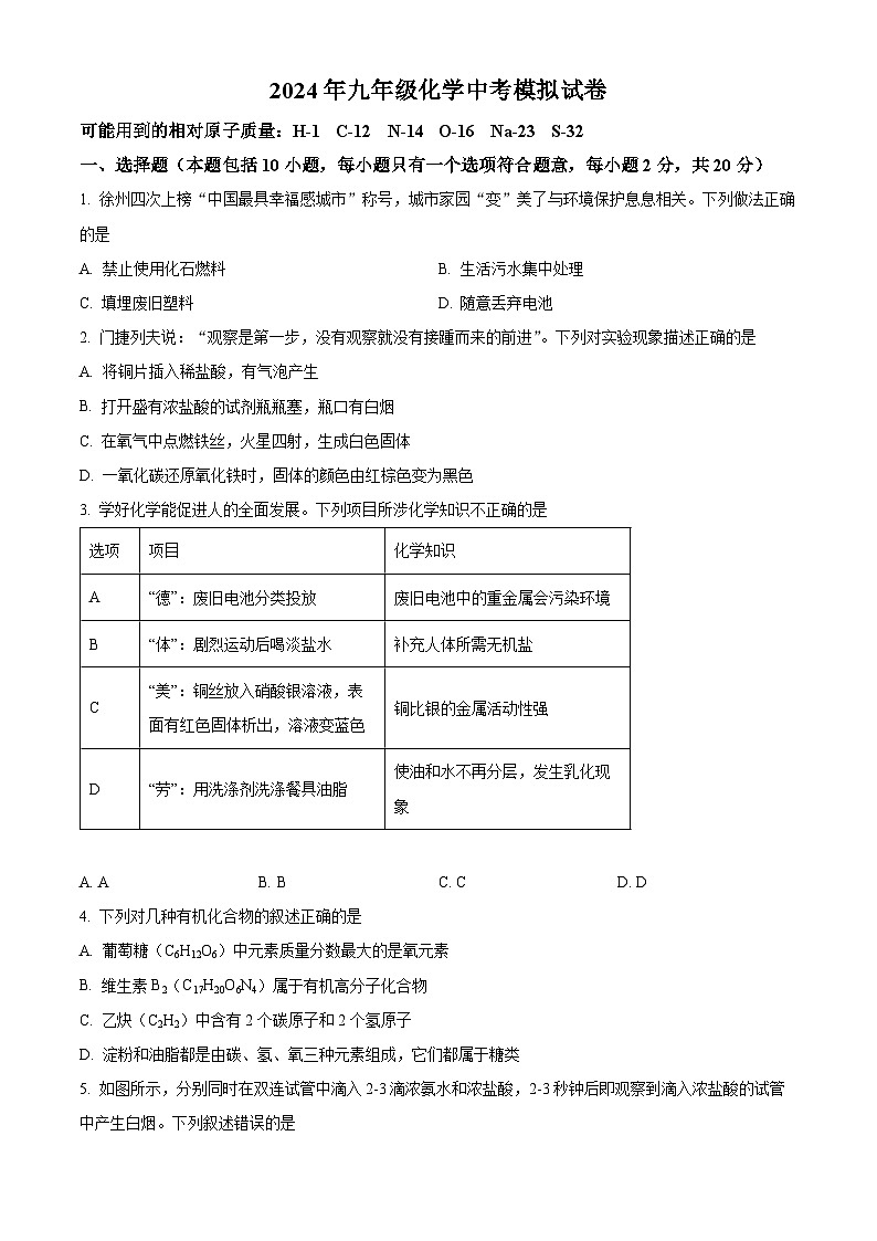 2024年江苏省徐州市铜山区柳新镇中心中学中考模拟化学试题  （原卷版）第1页