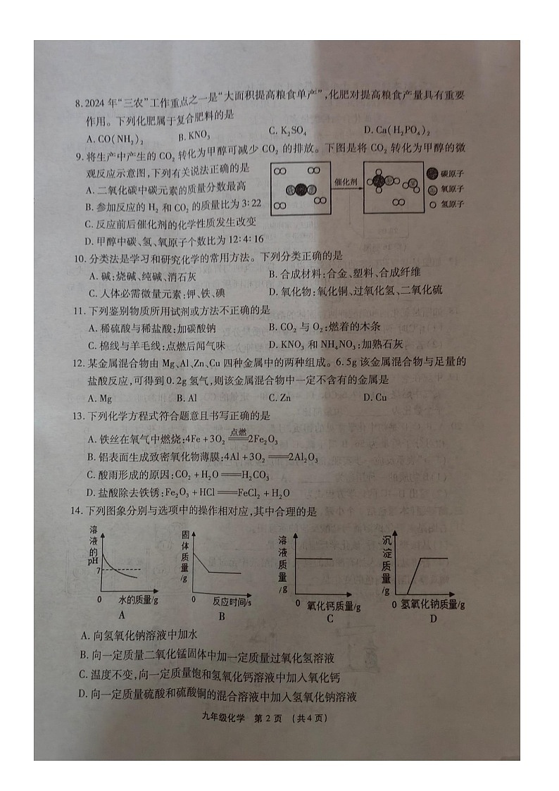 2024年河南省漯河市临颍县中考第一次模拟考试化学试题（图片版无答案）02