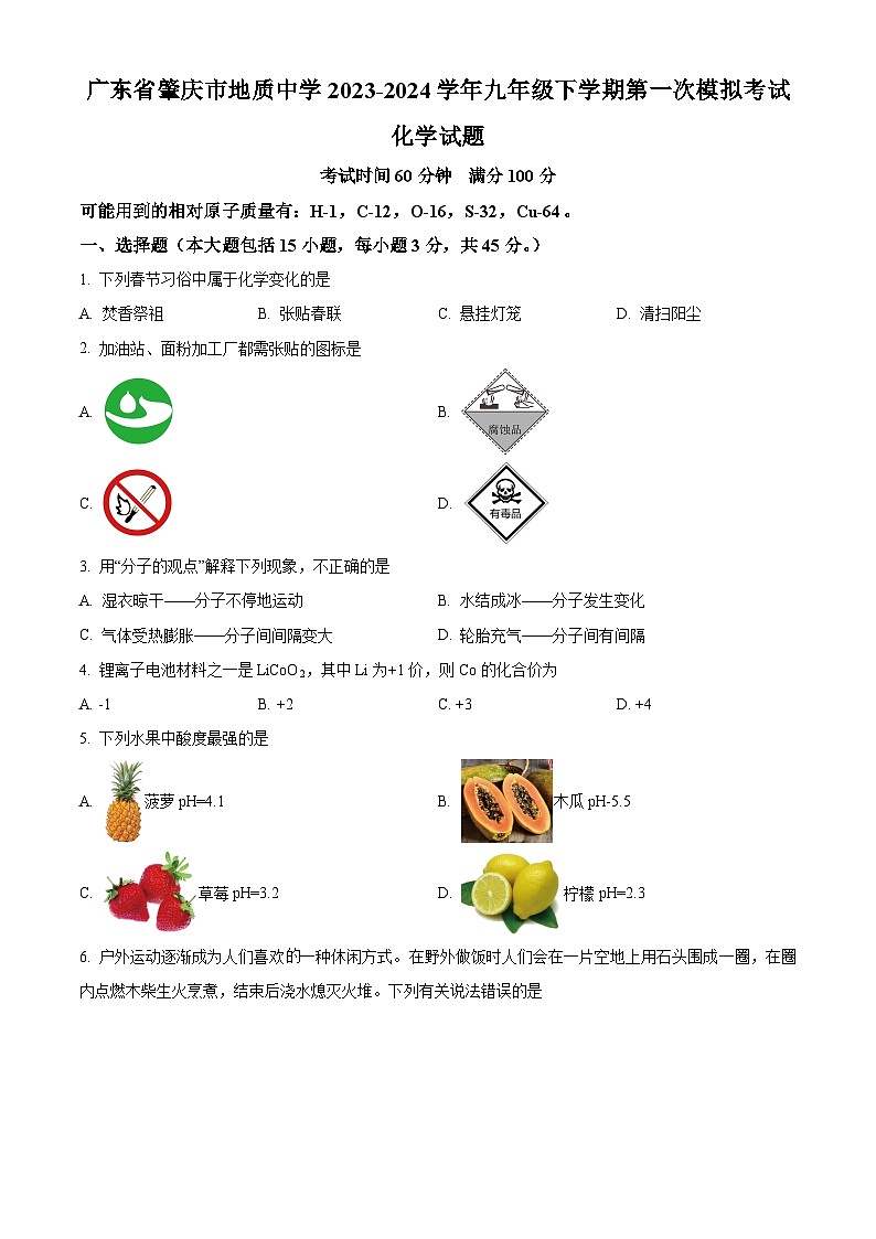 广东省肇庆市地质中学2023-2024学年九年级下学期第一次模拟考试化学试题（原卷版+解析版）01