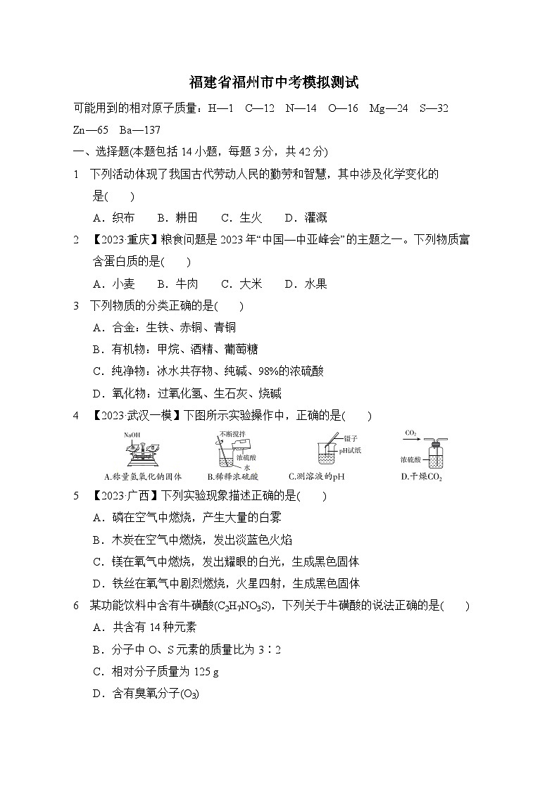 2024年福建省福州市中考模拟测试化学试卷01