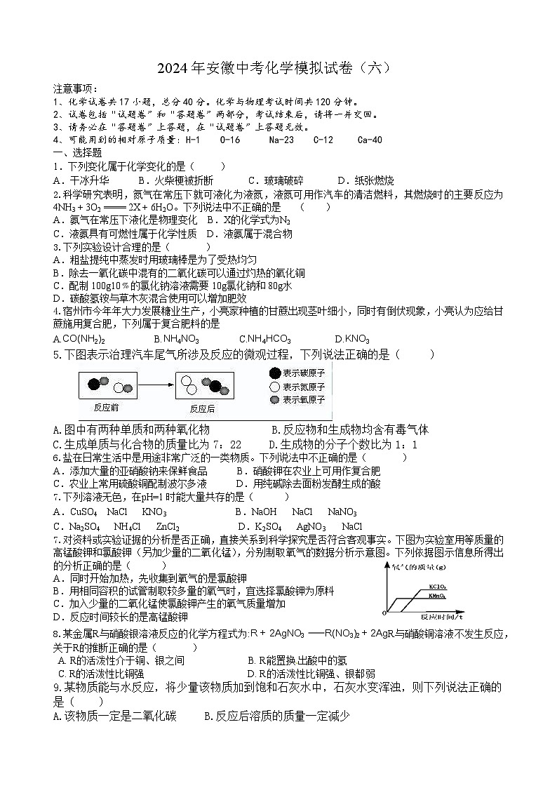2024年安徽中考模拟化学试卷（六）第1页
