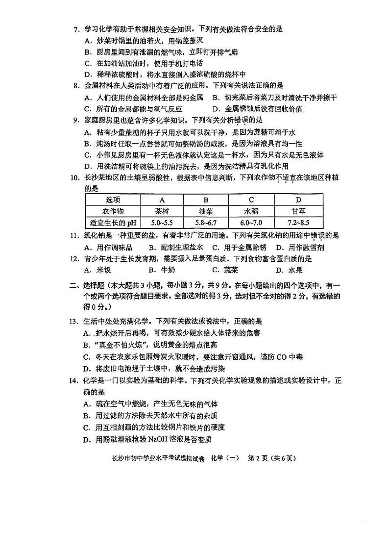 2024年湖南省长沙市初中学业水平考试模拟化学试卷（一）第2页