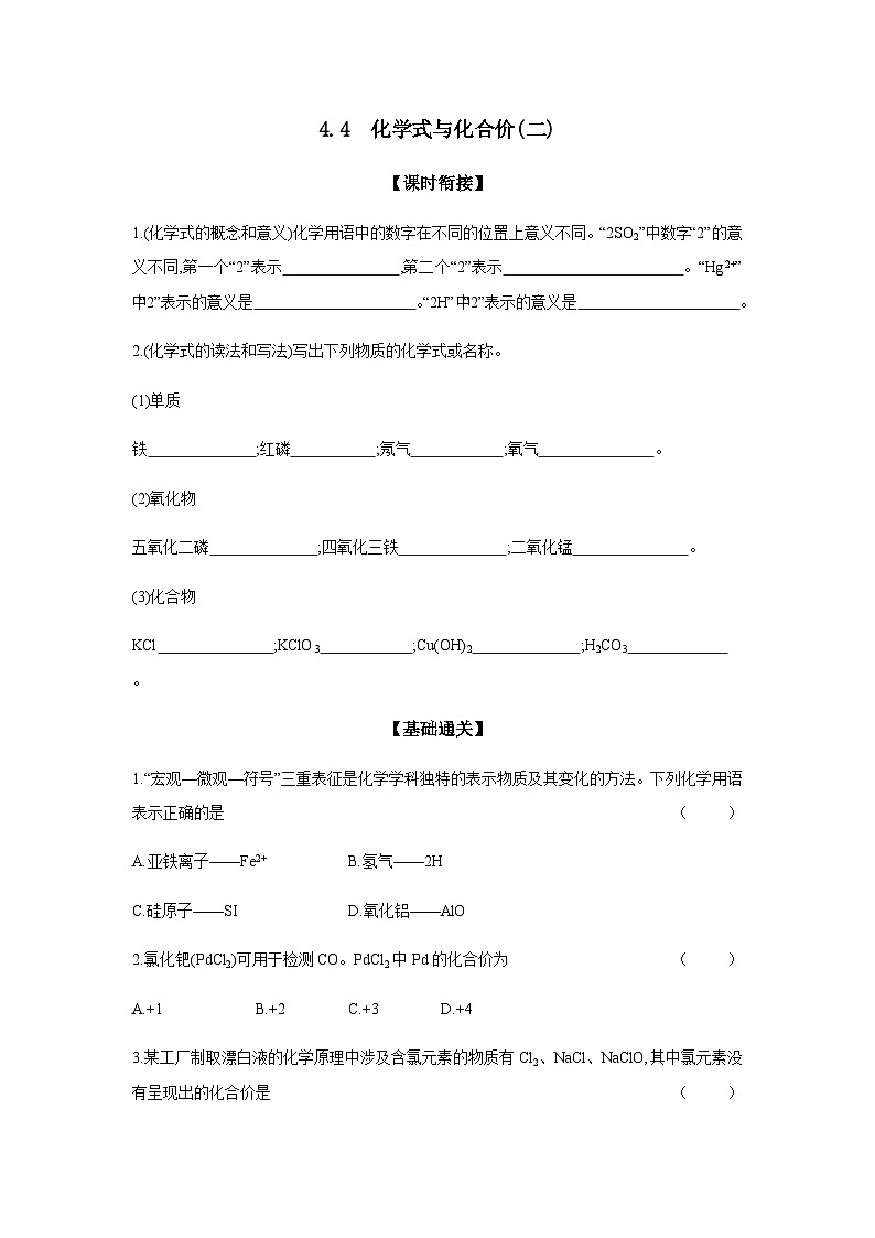 2024年中考化学课时练---4.4 化学式与化合价(二)01