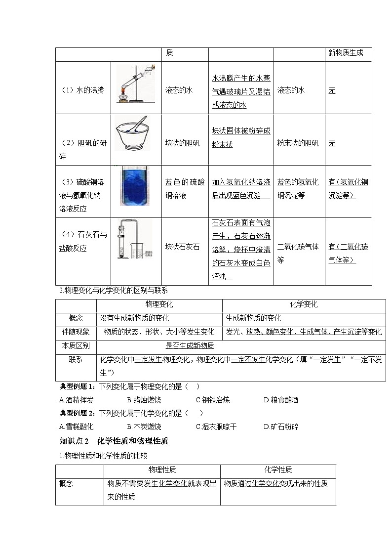 初中化学人教版九年级上册精品讲义：1.1 物质的变化和性质（学生版）02
