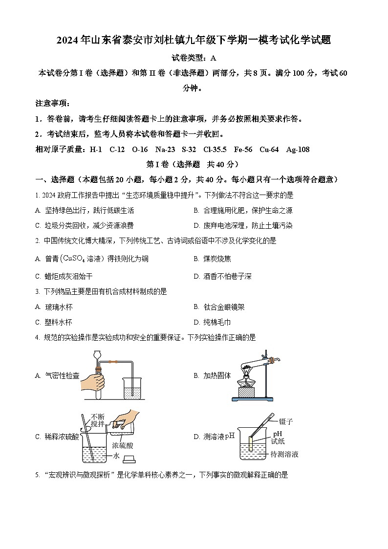 2024年山东省泰安市刘杜镇九年级下学期一模考试化学试题 （原卷版+解析版）01
