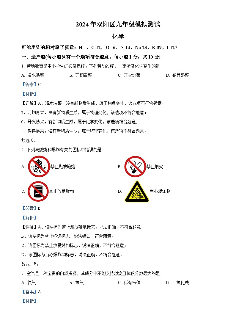 2024年吉林省长春市双阳区中考一模化学试题（原卷版+解析版）01