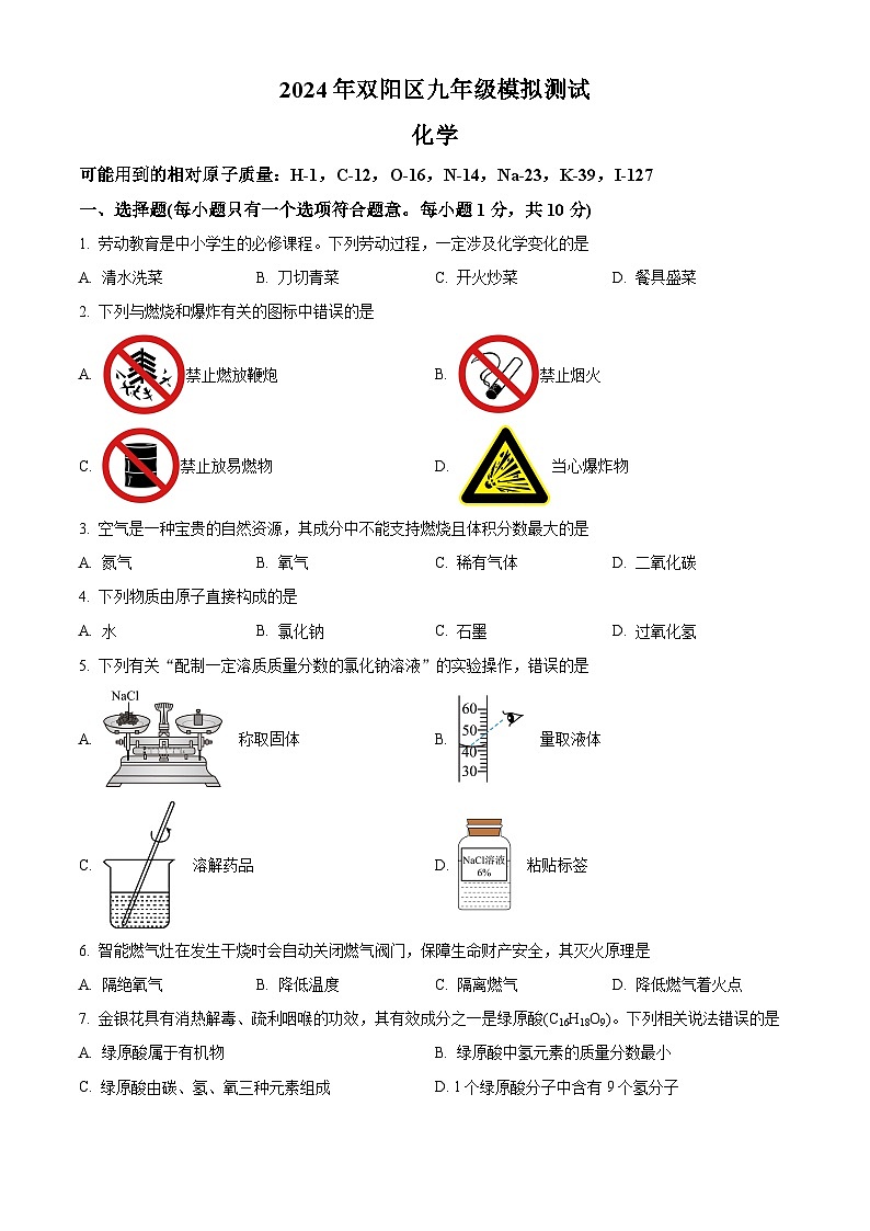 2024年吉林省长春市双阳区中考一模化学试题（原卷版+解析版）01