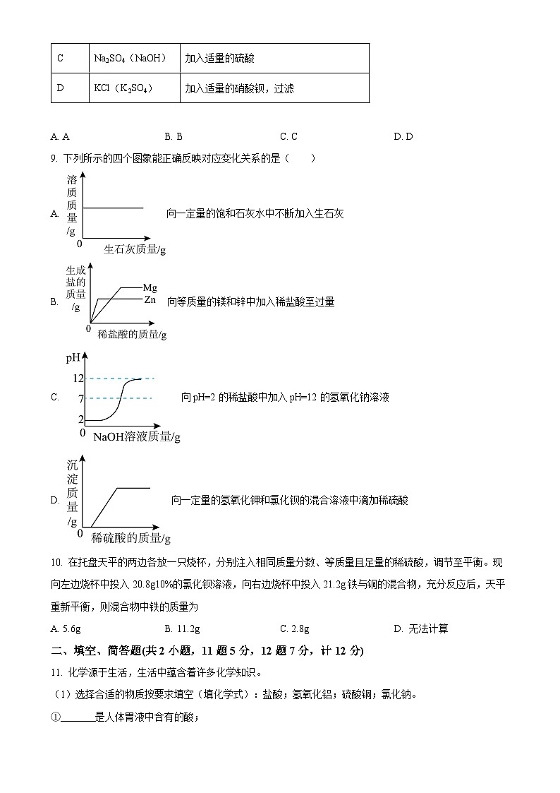 2024年江苏省宿迁市泗洪县中考模拟化学试题   （原卷版）第3页