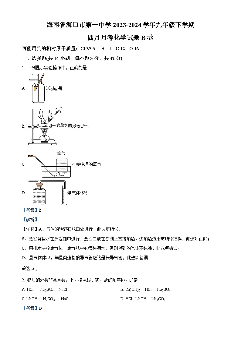 海南省海口市第一中学2023-2024学年九年级下学期四月月考化学试题B卷（原卷版+解析版）01